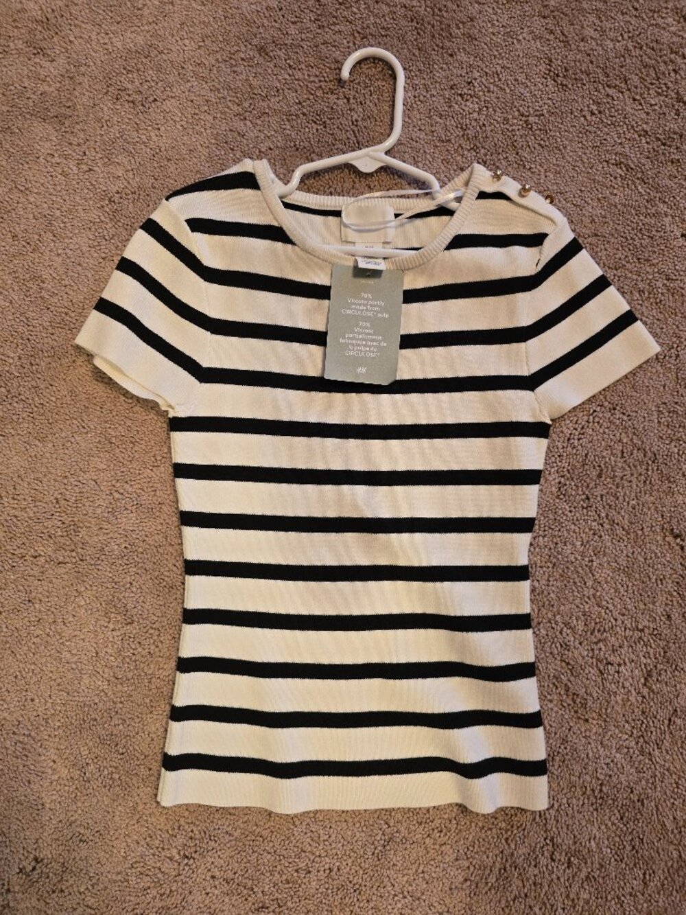 NWT H&M Knit Striped Tee Button Shoulder Black White Small Girls